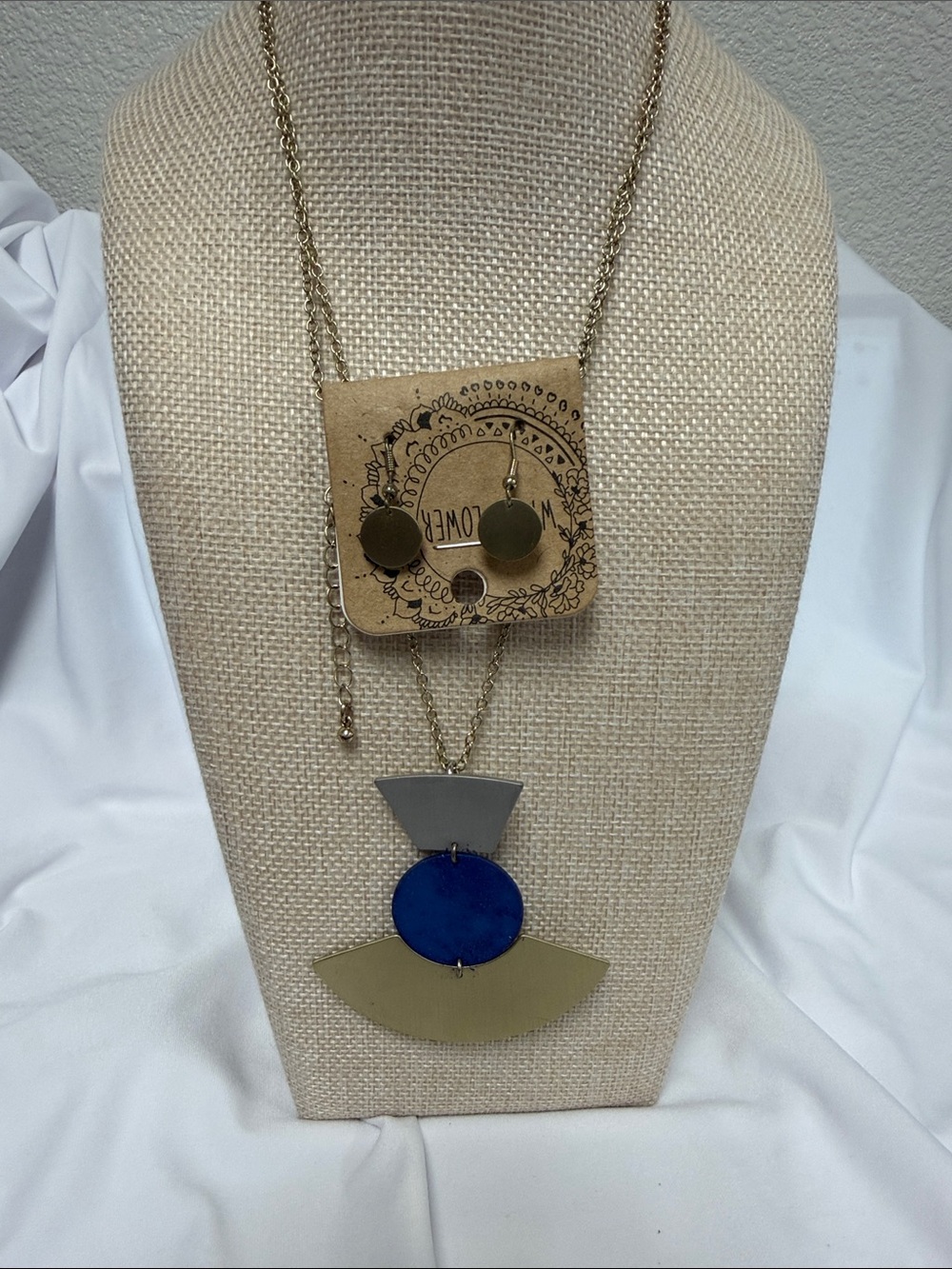Modern Blue and Gold Geometric Pendant Necklace and earring set - Women Jewelry